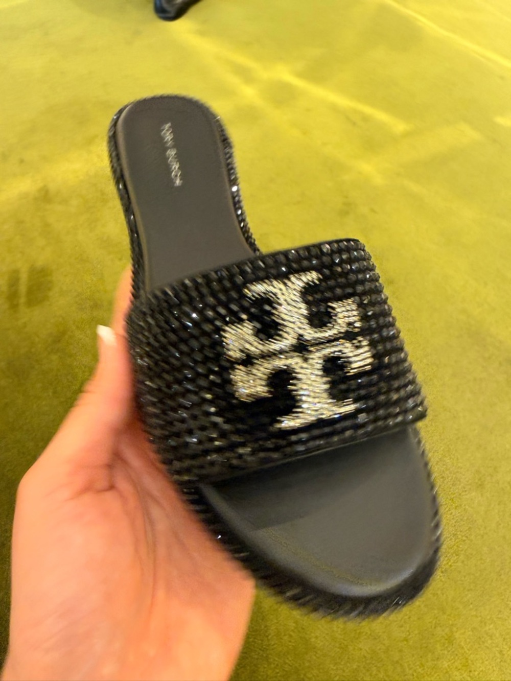 Tory Burch Everly Crystal Logo Rhinestone Slide Sandals, Black / Clear / Silver - Picture 5 of 6